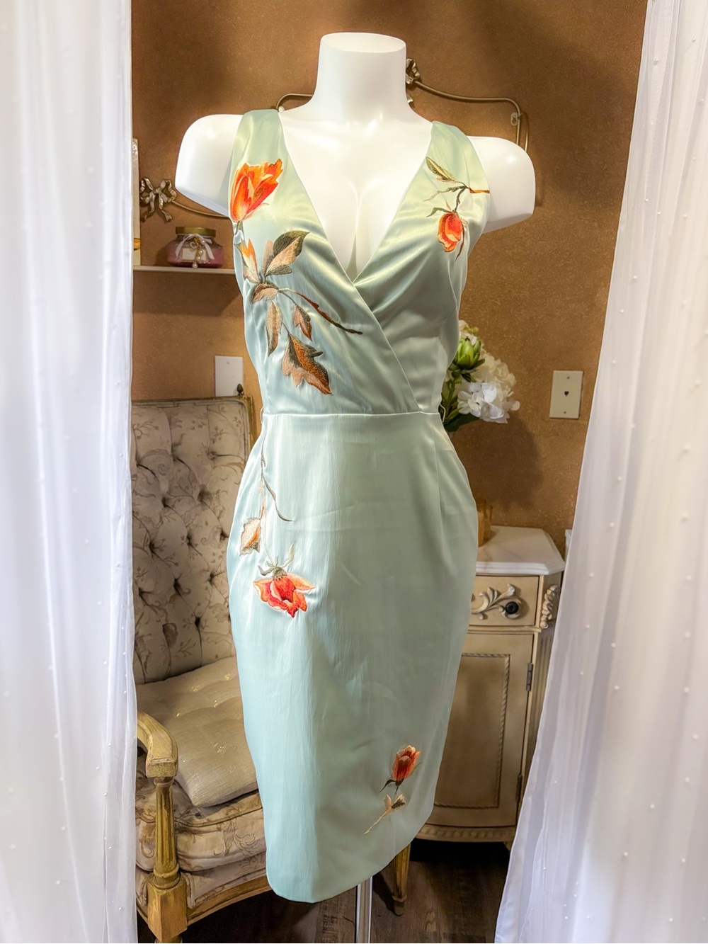 Rare Vintage Mandalay Embroidered Sage Satin Dress | Romantic Luxury Midi 8
